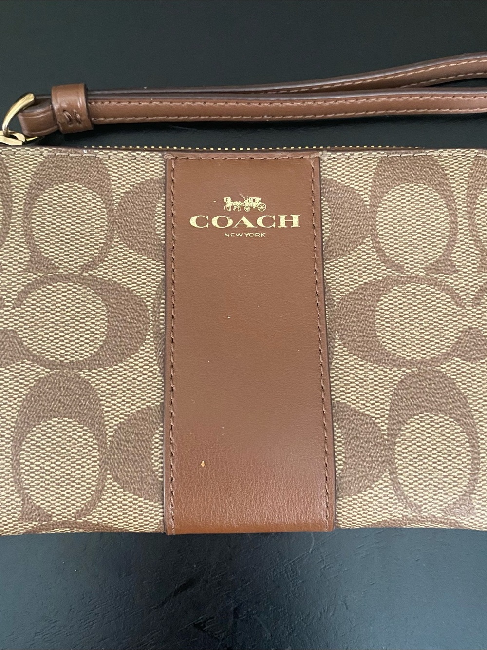 Coach Logo Brown Canvas Wristlet with Gold Hardware